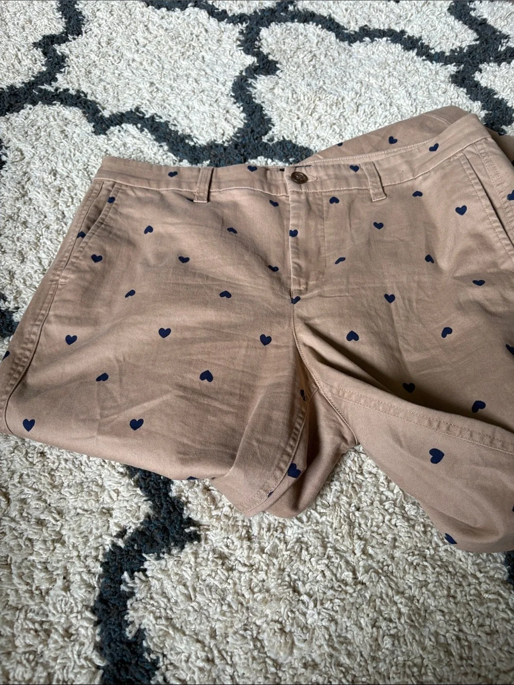J. Crew Tan Chinos with Navy Heart Motif